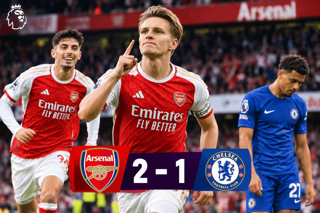Martin Odegaard celebrates his winning goal for Arsenal against Chelsea
