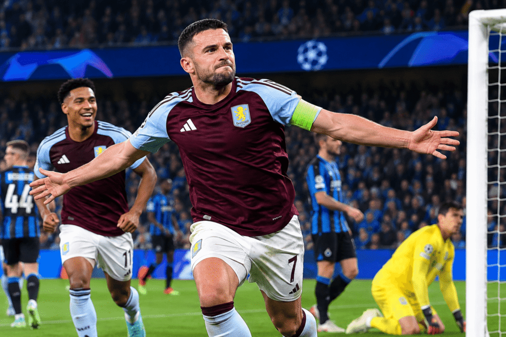 John McGinn celebrates his record-breaking goal for Aston Villa against Club Brugge