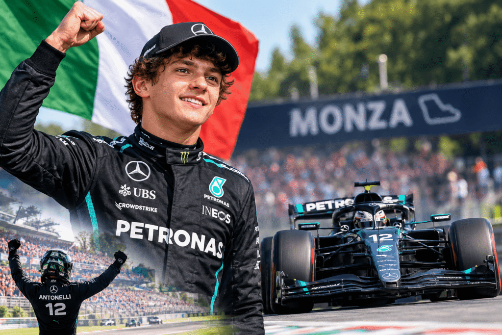 Kimi Antonelli celebrates his Italian Grand Prix win at Monza