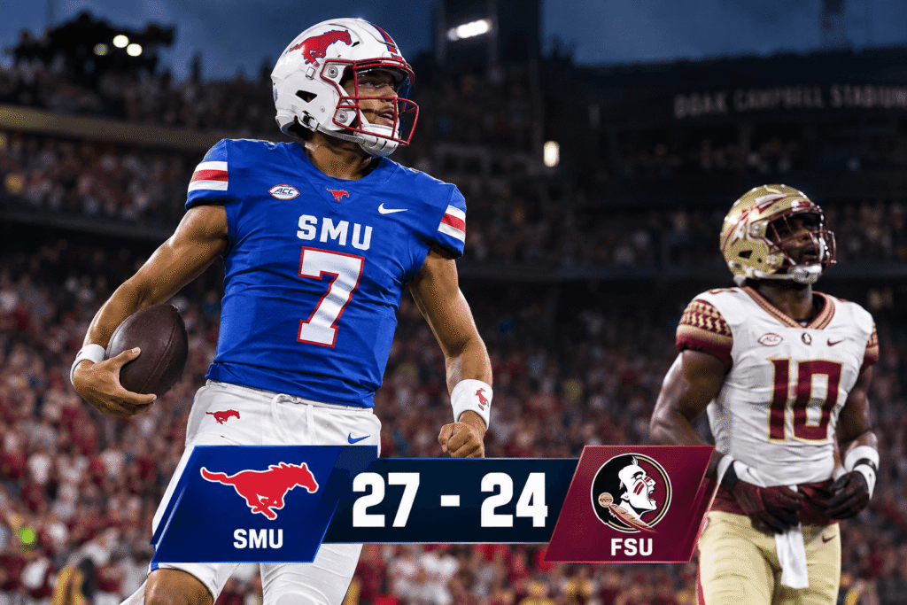 SMU celebrates their 27-24 win over Florida State