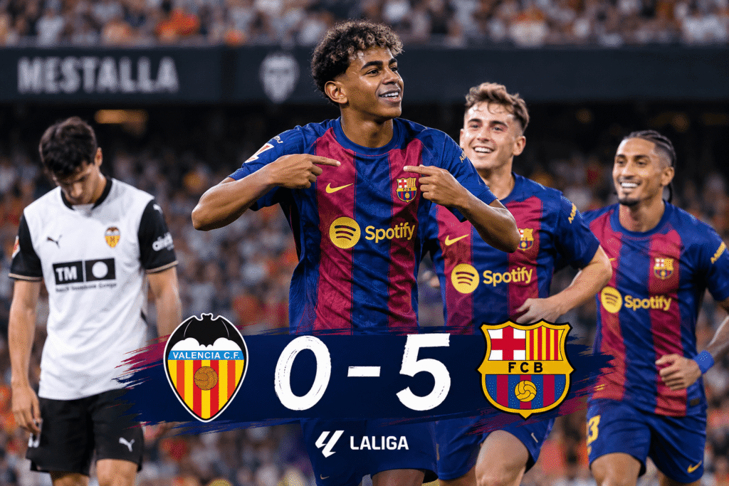 Lamine Yamal celebrates during Barcelona's 5-0 win over Valencia